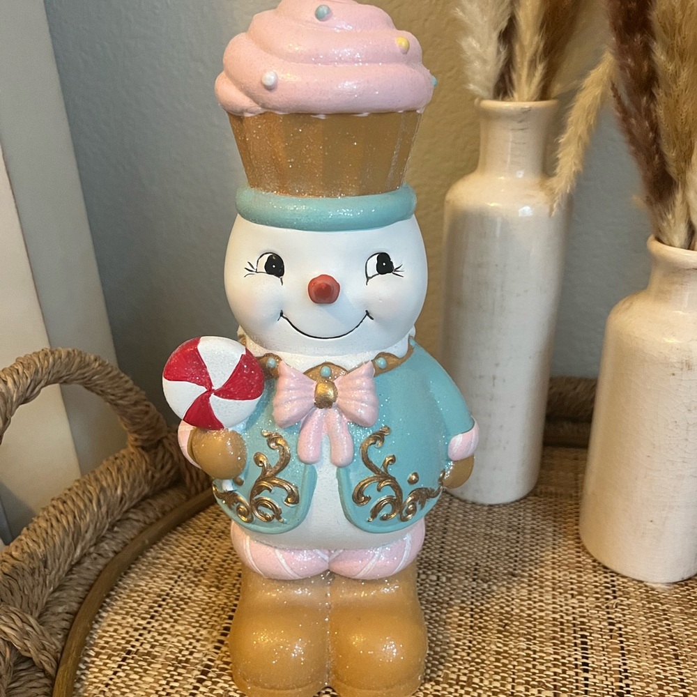 Snowman with Pink Cupcake Hat